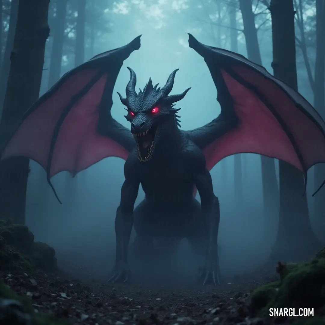 Mysterious Skorn with red eyes lurking in the foggy forest depths. A Skorn with fiery red eyes emerges from the misty depths of a dense forest, its sleek silhouette framed by towering trees, evoking an air of mystery and a hint of danger in the foggy backdrop.