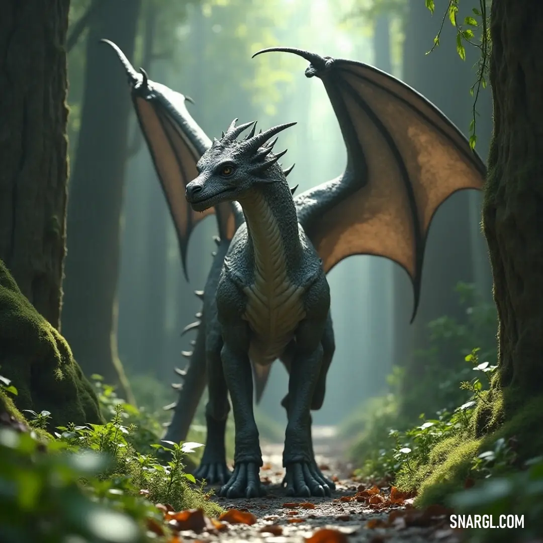 Majestic Skorn statue nestled in a tranquil forest, embraced by nature's splendor. An ancient Skorn statue stands proud in a lush forest, surrounded by vibrant trees and a carpet of leaves, with a winding path inviting adventurers to explore the mysteries of the woodland.
