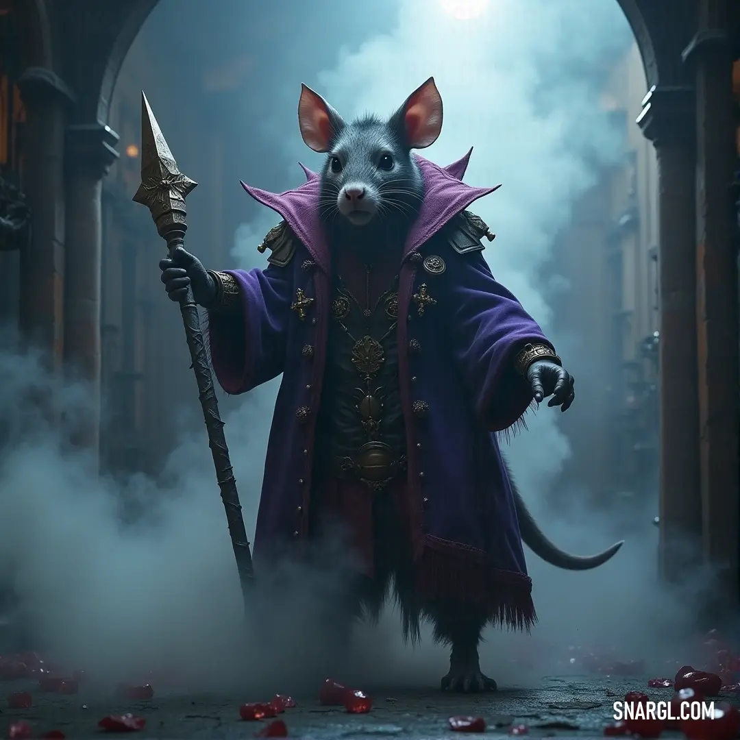 Skram, in a purple cloak, stands amidst a foggy field with sword and staff, surrounded by drifting red petals in a world of mystery. Skram, a warrior draped in a regal purple outfit, holds both a sword and a staff as they stand in a fog-covered land. Red petals gently fall around, adding a mystical aura to the scene.
