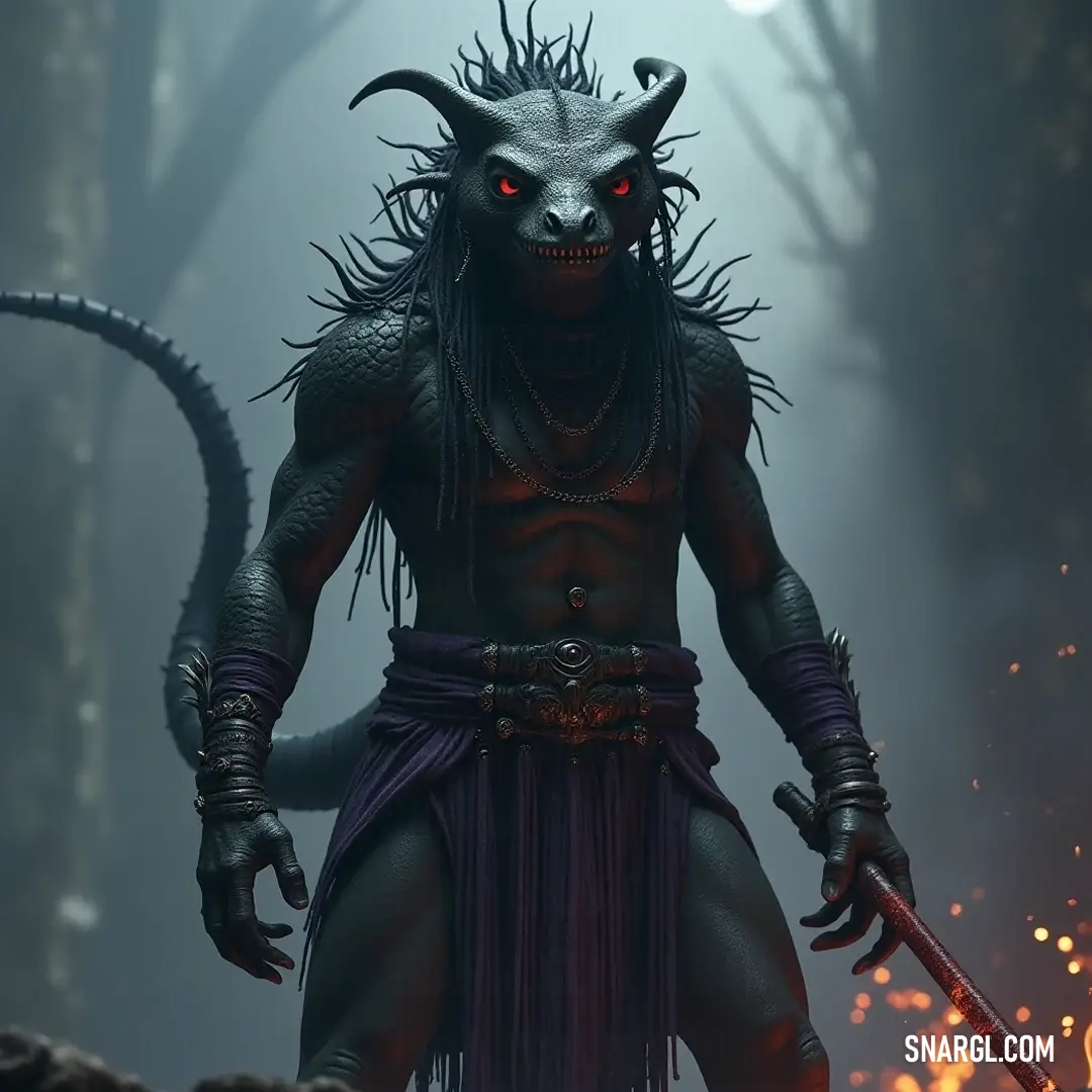 A sinister figure adorned with demonic horns and wielding a sword stands fiercely in a fiery forest, the backdrop filled with swirling smoke and ribbons of flame, embodying a scene of intense battle and chaos.