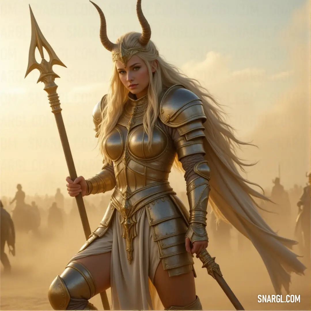 Skuld, draped in a captivating costume, holds a unique sword adorned with horns. The intensity of her gaze matches the fierce weapon she wields, hinting at the strength and power within her.