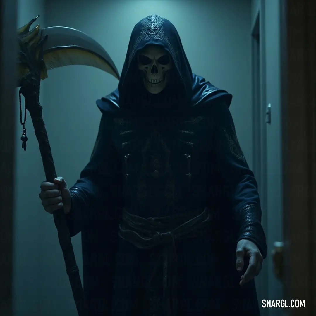 Skuld, adorned in a striking hooded costume, holds a unique sceptula while standing in a dimly lit hallway. The soft glow from a nearby light highlights the intricate details of his outfit, creating a juxtaposition between light and shadow in this eerie s