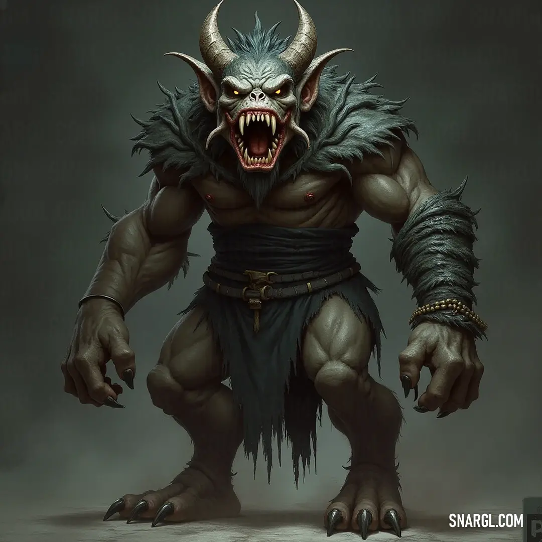 This fearsome Skulk features a horned head and large teeth, striking a terrifying pose that captures its fierce and formidable nature. An imposing Skulk with a grotesque horned head and razor-sharp teeth glares menacingly, its enormous mouth ready to unleash a frightful roar in an uncanny atmosphere.