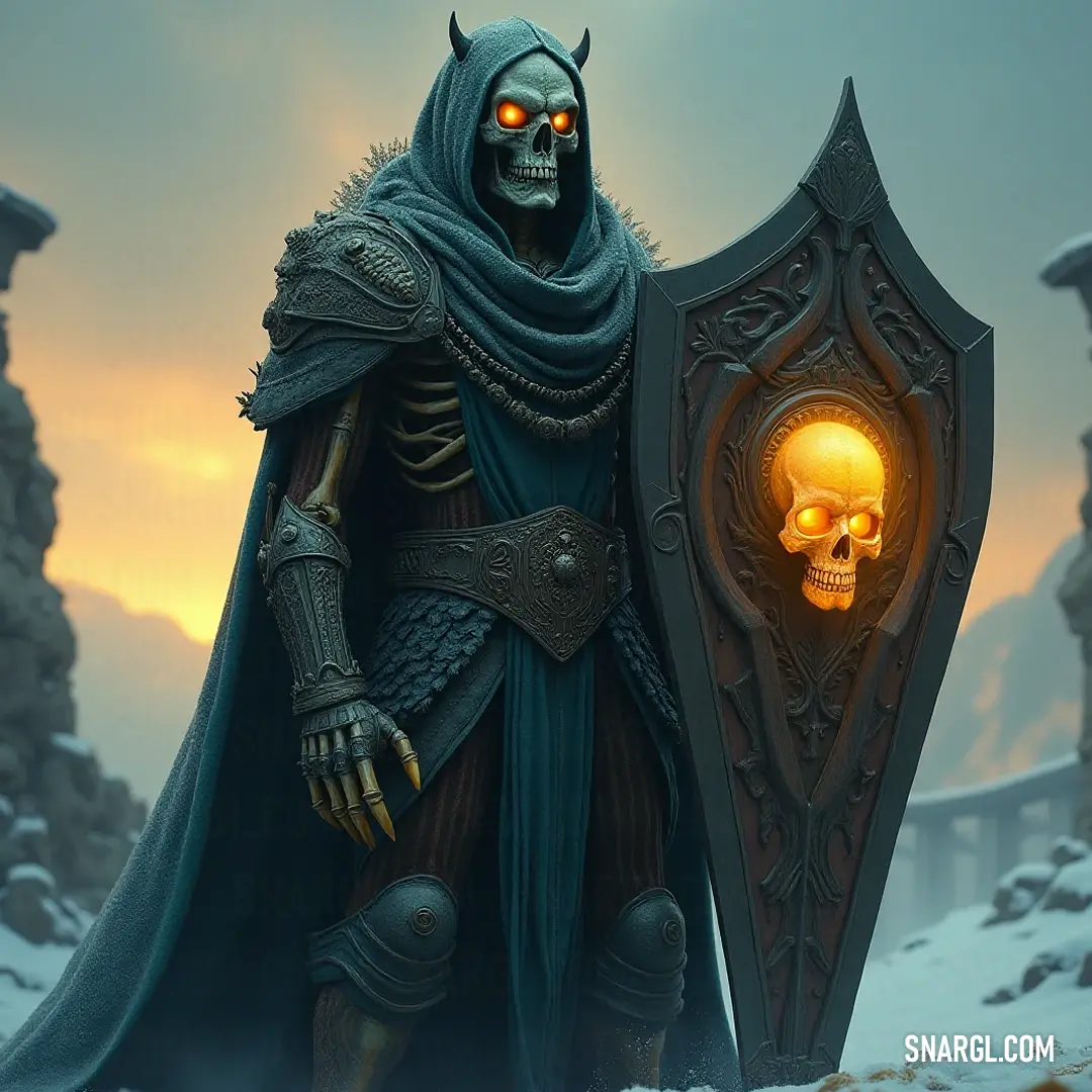 Fearsome guardian donning a skull helmet, poised with a protective shield against unseen threats. A fearsome guardian adorned with a grim skull helmet holds a sturdy shield, ready to defend against any ominous threats that lurk in the shadows, embodying both strength and fate in his menacing pose.