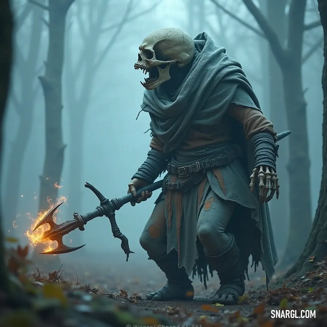 A daunting Skull Warrior, complete with a horned helmet, grips a fiery torch, navigating through an eerie forest, where shadows play among the trees while fallen leaves rustle underfoot, creating an atmosphere of suspense and mystery.