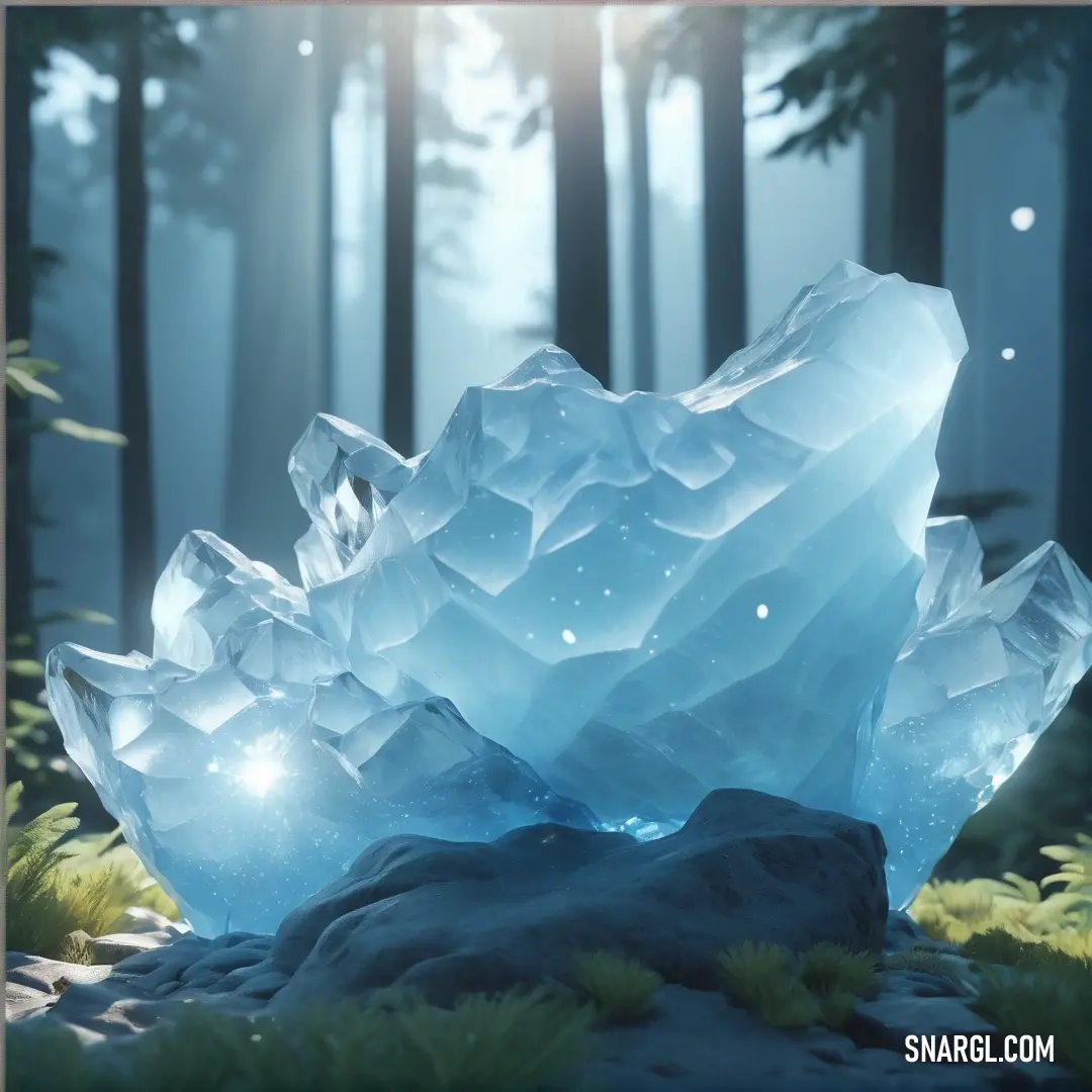 Large iceberg on top of a lush green forest covered in snow and stars in the sky. Example of Sky blue color.