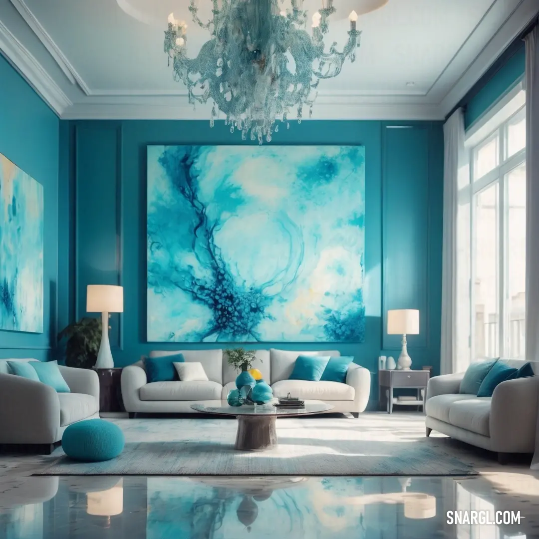 Sky blue color example: Living room with a large painting on the wall and a chandelier hanging from the ceiling above the couches