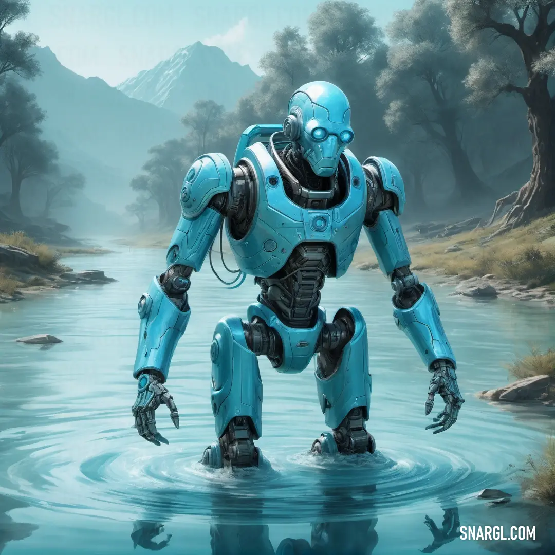 Sky blue color example: Robot standing in a body of water with trees in the background