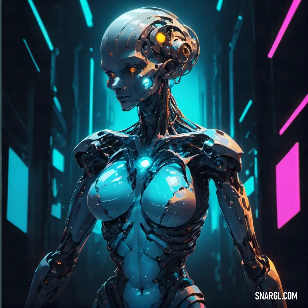 Sky blue color example: Robot woman in a futuristic city with neon lights and a glowing face