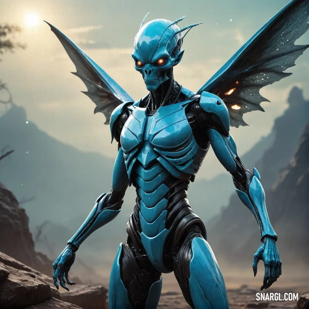 Sky blue color example: Blue alien with glowing eyes and wings standing in a rocky area with a mountain in the background