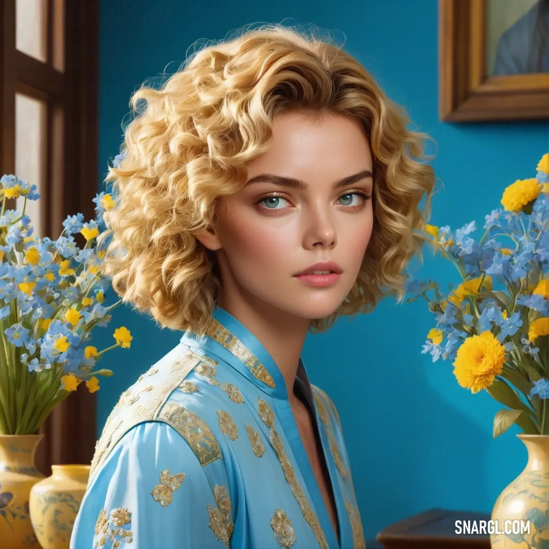 Woman with blonde hair and blue shirt next to vases of flowers and a painting of a woman. Example of Sky blue color.