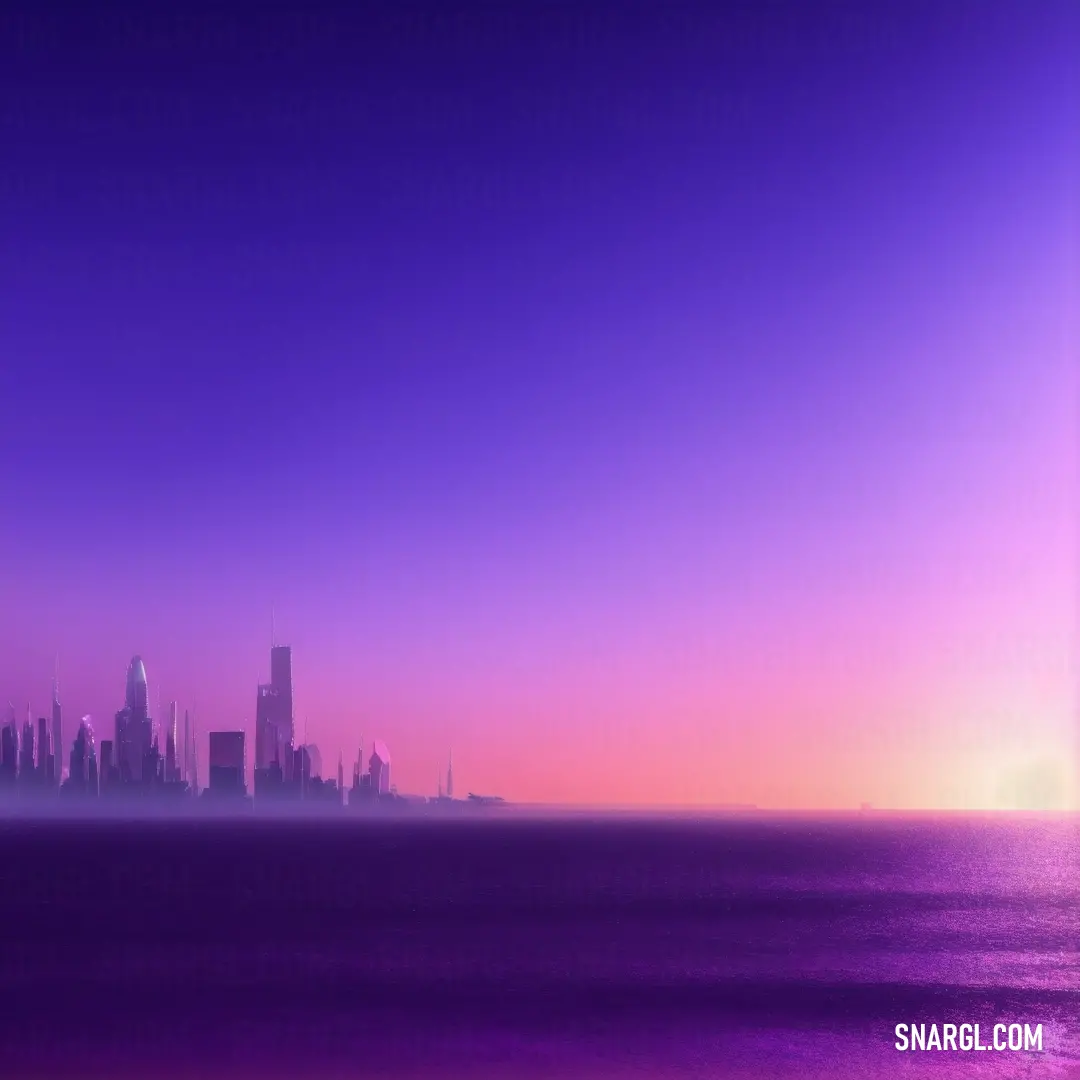 City skyline is shown in the distance with a purple sky and water in the foreground and a purple