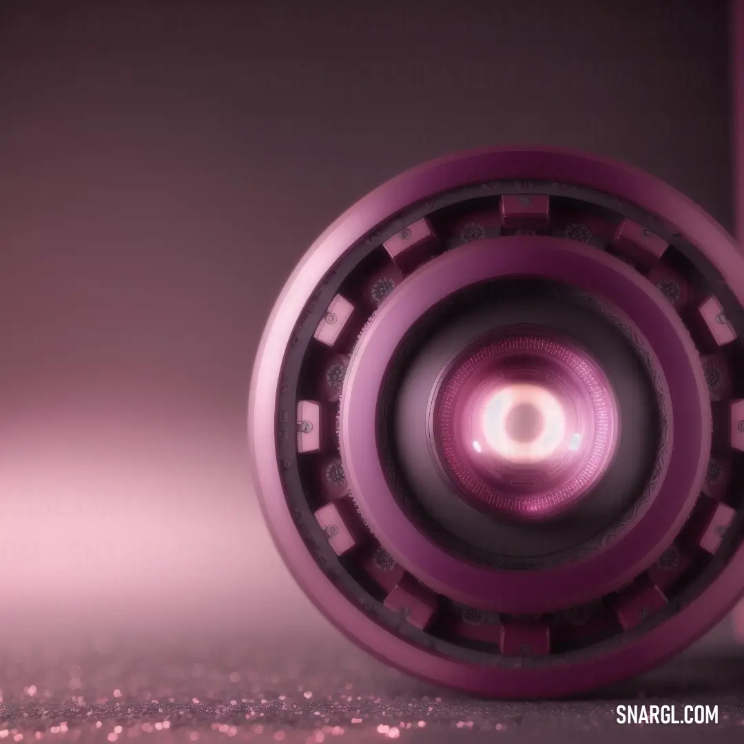 Close up of a camera lens on a table top with a pink background and a pink wall behind it