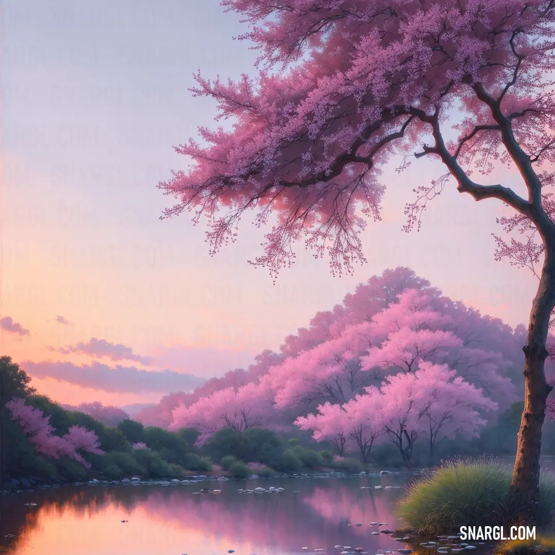 Painting of a pink tree next to a lake with ducks in it and a sunset in the background