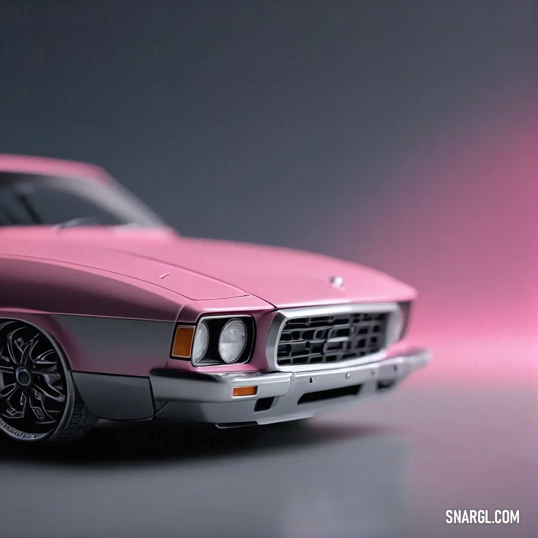 Pink car is shown on a gray surface with a pink background. Color CMYK 0,45,15,19.