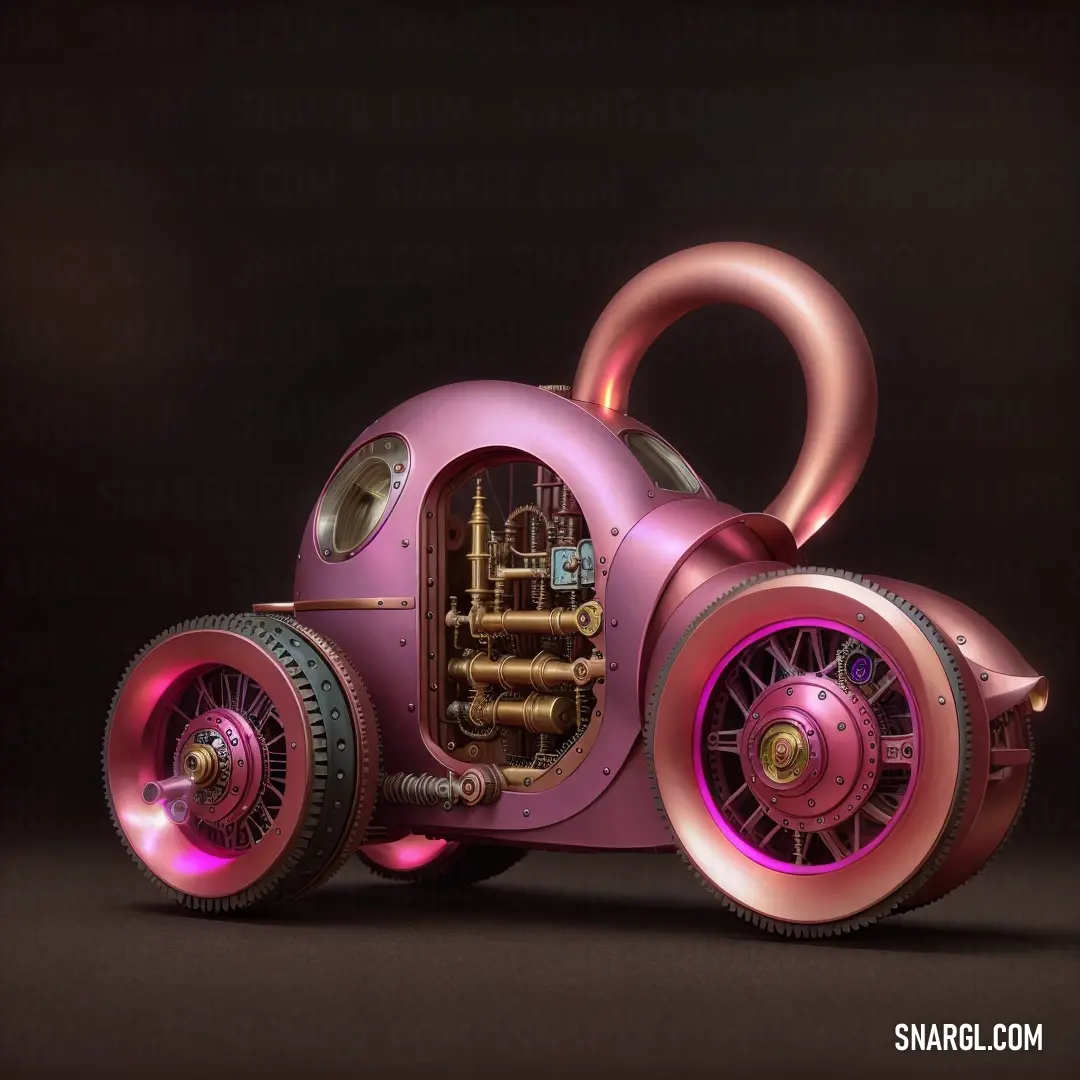 Pink car with a large engine and a large wheel on it's side
