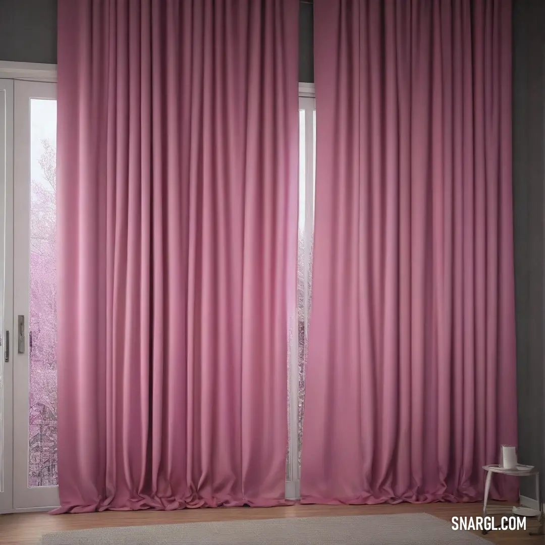 Pink curtain with a white chair in front of it. Color RGB 207,113,175.