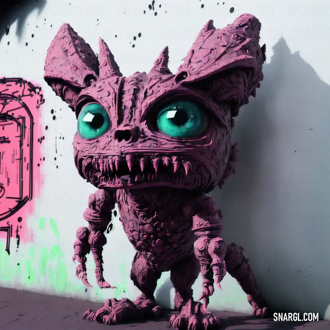 Purple creature with big eyes and a green eye is standing in front of a wall with graffiti on it
