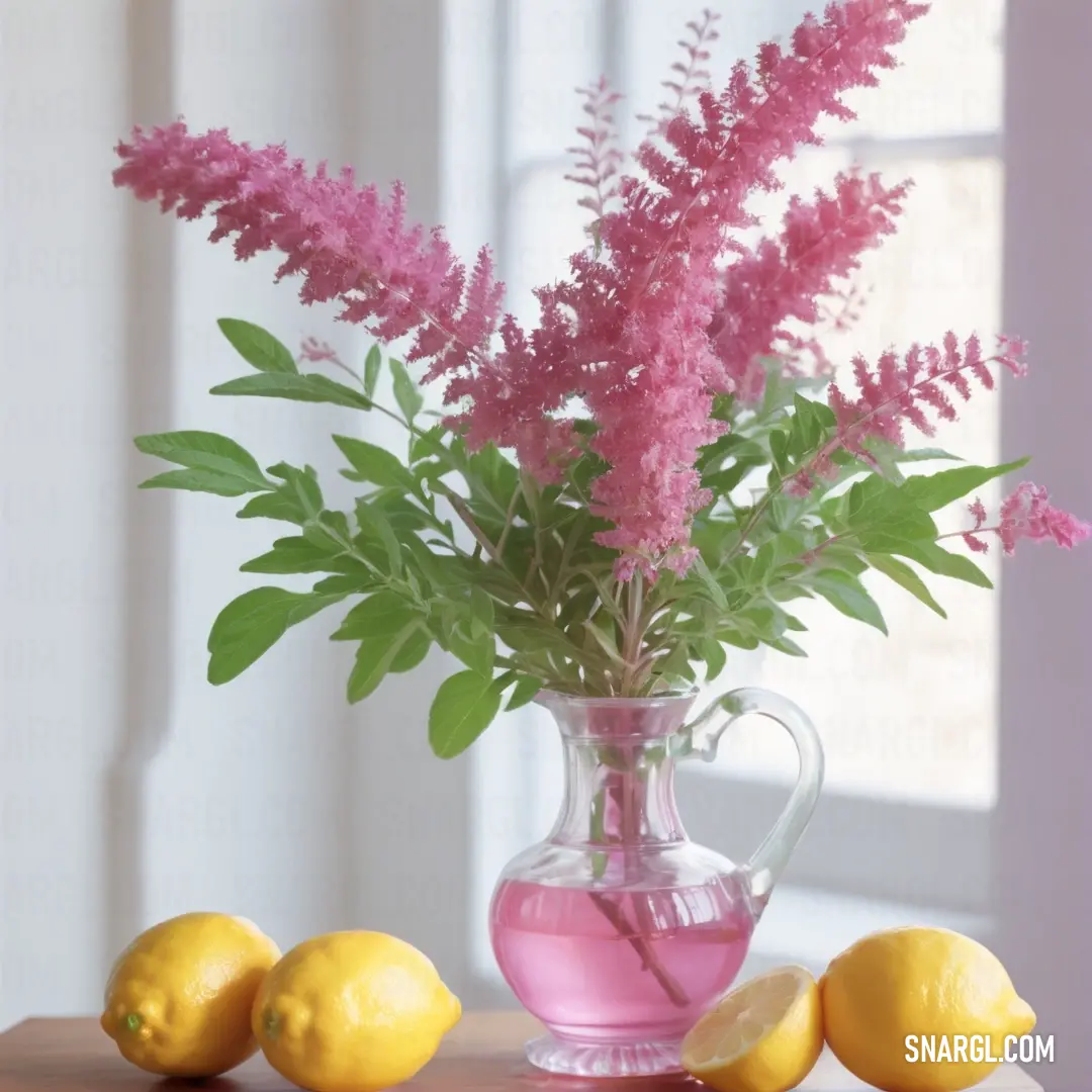 Vase with some flowers and lemons on a table next to a window with a curtain. Color #CF71AF.