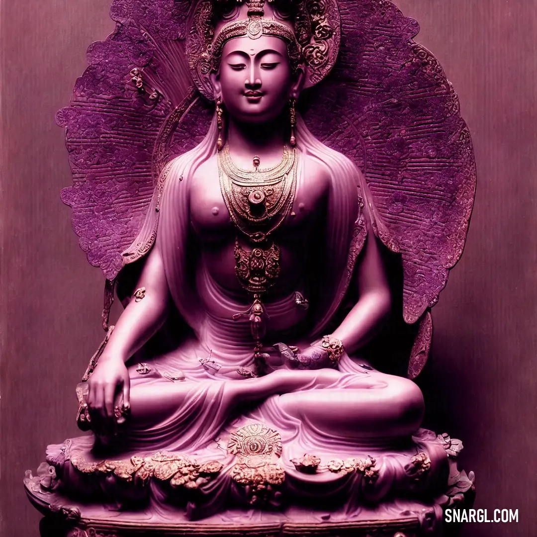 Statue of a buddha in a purple room with a purple background
