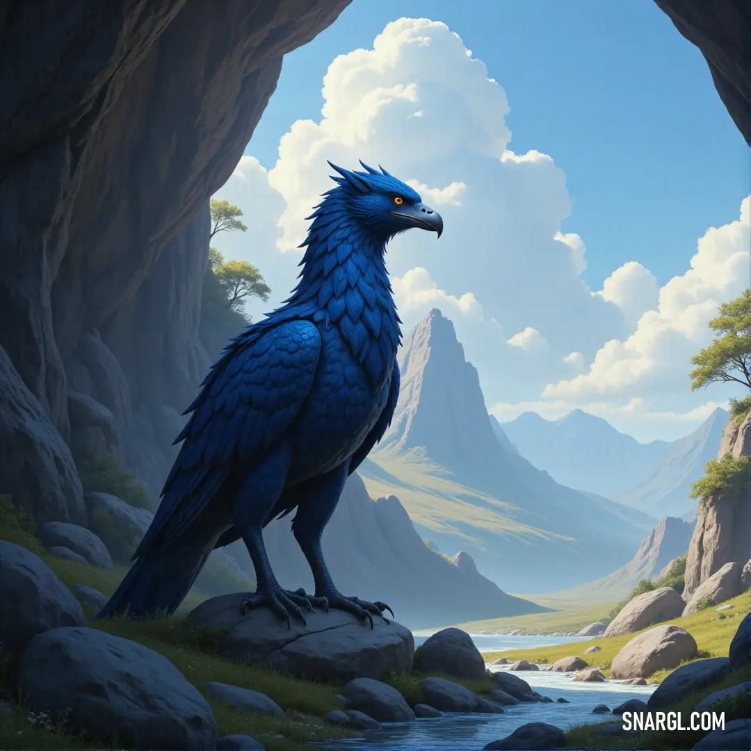A Blue Skybeak stands on a rock in a cave, with a stunning mountain backdrop that adds to the creature’s majesty. Blue Skybeak stands confidently atop a rock within a cave, its wings relaxed but ready for flight. In the distance, a majestic mountain adds grandeur to the scene, making the creature’s presence even more striking.