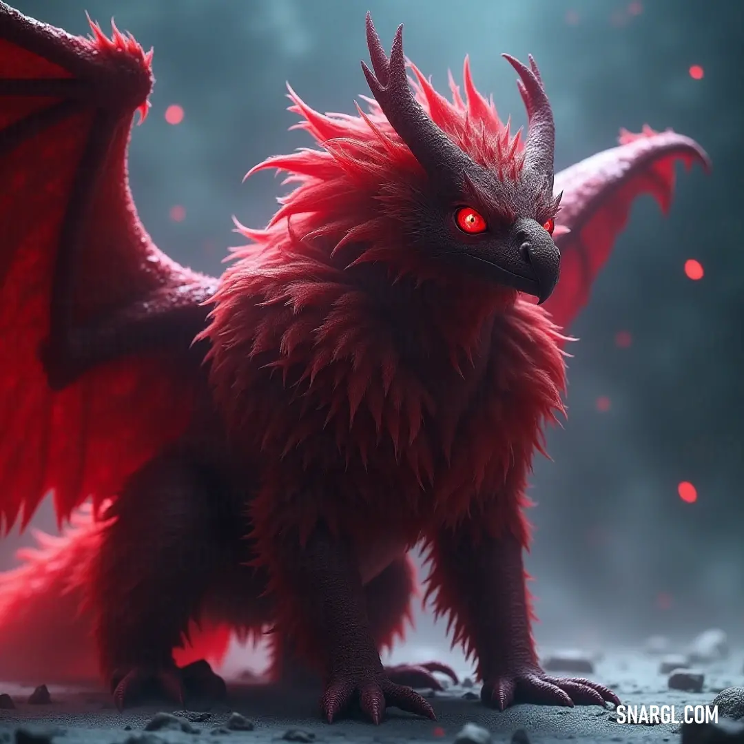 A powerful Red Skybeak on a rocky surface, red eyes and tail glowing against a deep, mysterious background. The fierce Red Skybeak with glowing red eyes and a fiery tail stands proudly atop a rocky surface, its silhouette casting a striking figure against the darkened backdrop.