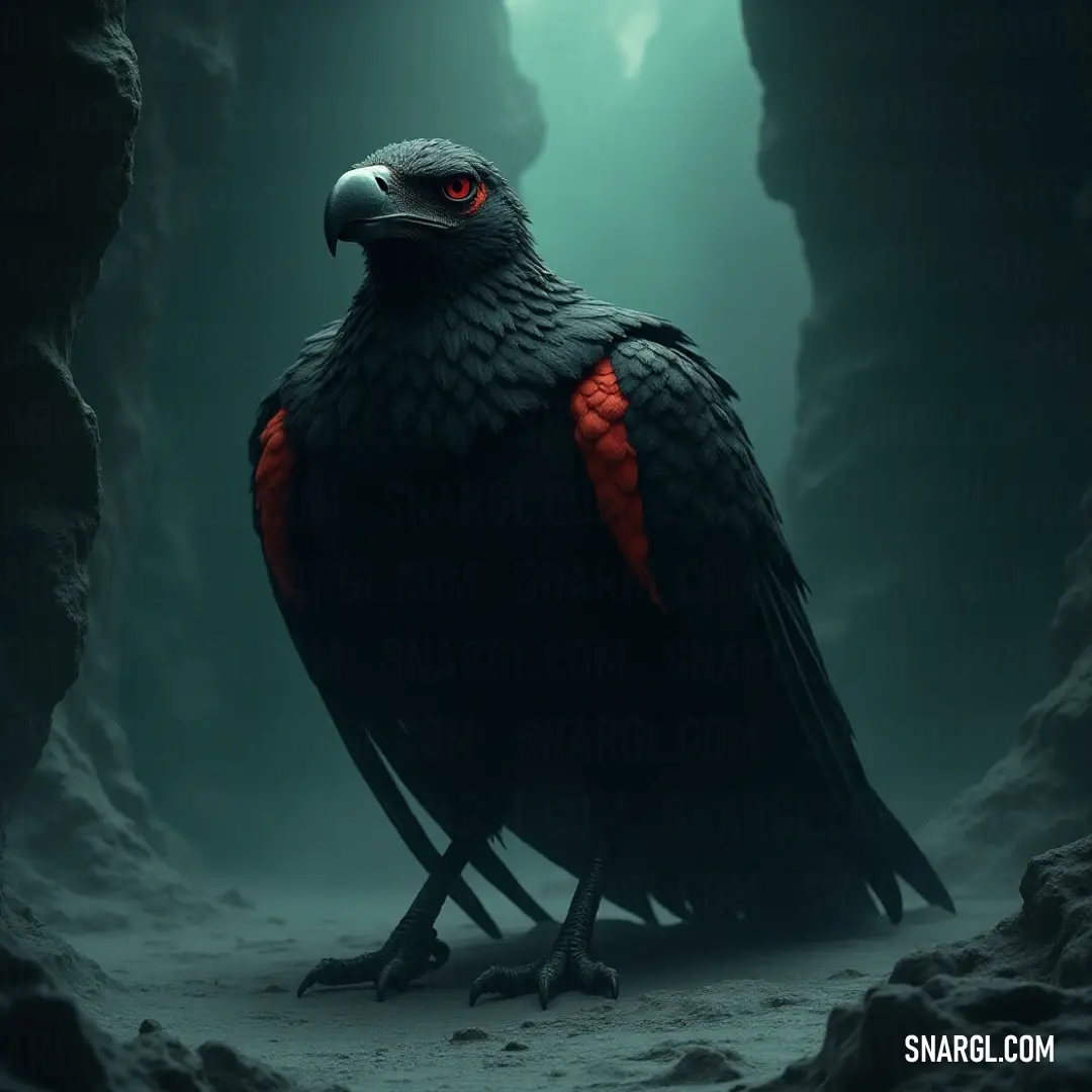 Inside a shadowy cave, a striking Skybolt with a bright red beak and dark black wings stands out against the deep gloom, embodying a sense of mystery and awe within its rocky surroundings.