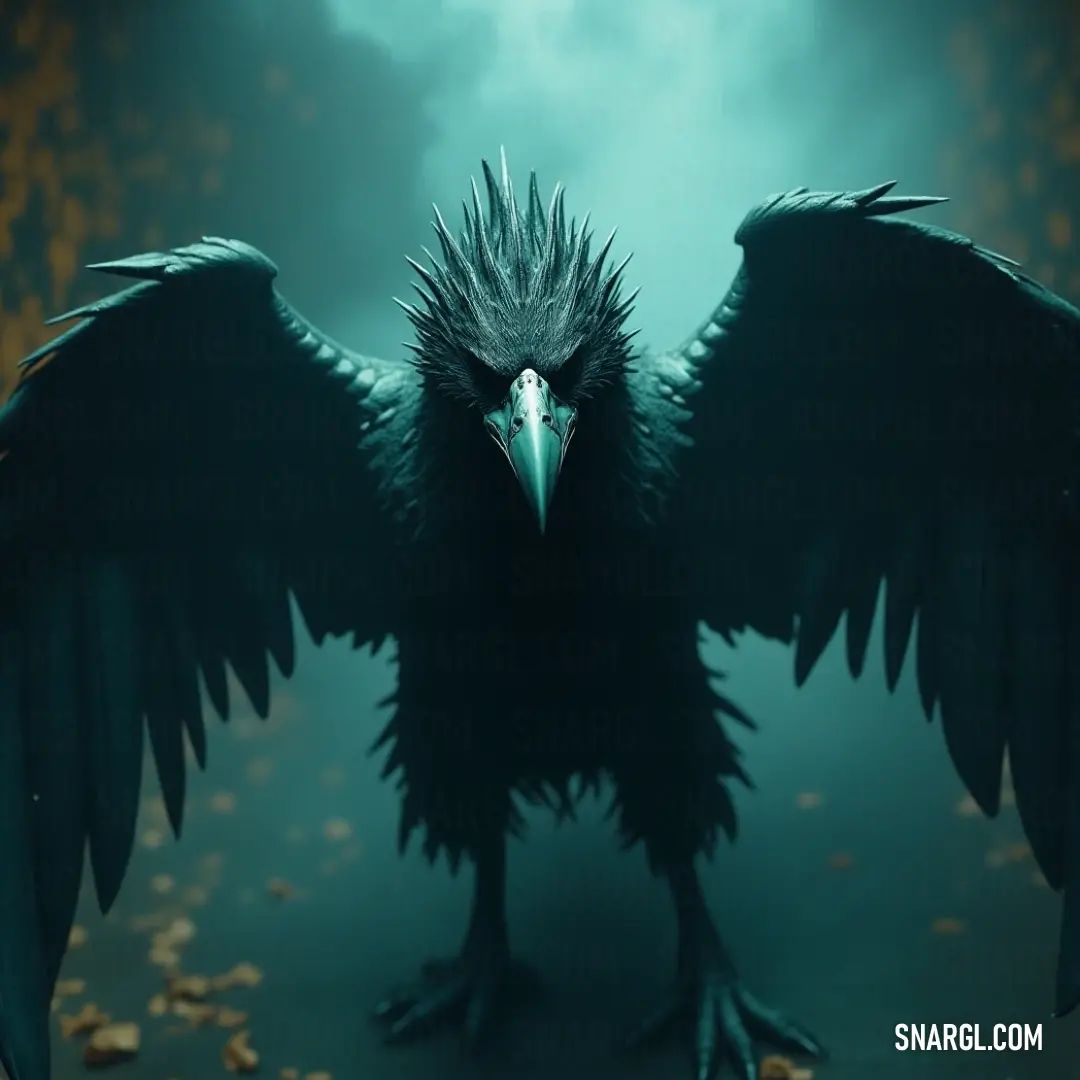 Gliding through the air, the stunning Black Skybreaker with its expansive wings and a striking white beak captivates viewers amidst a carpet of crispy leaves, embodying the essence of freedom and wild beauty. The majestic Black Skybreaker takes flight, its wings fully extended against a backdrop of vibrant leaves, revealing a striking white beak set against the deep colors of nature. The ground below rustles with life, showcasing its connection to the earth.
