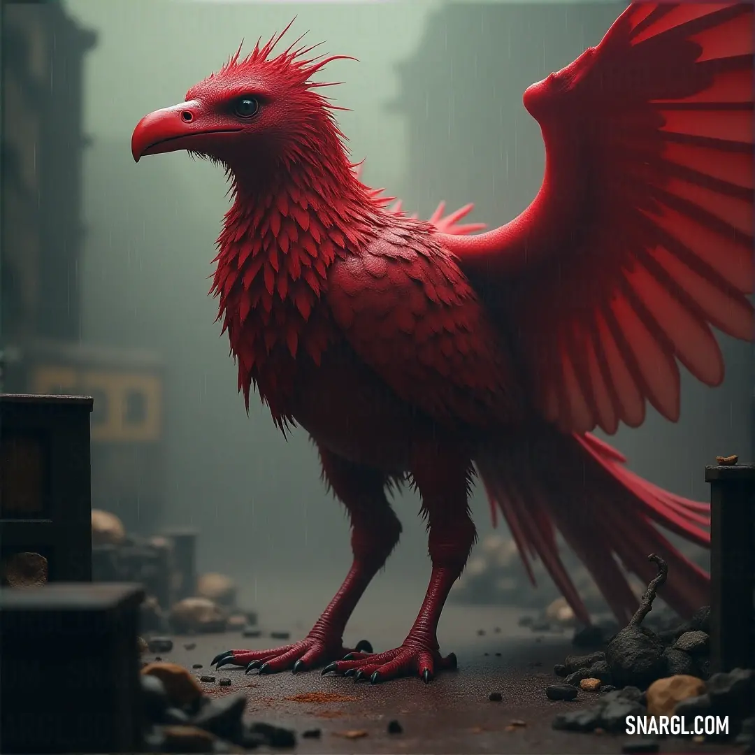 The Red Skybreaker, with its striking tail and sharp features, dominates the rocky terrain, its presence amplified by the eerie fog that blankets the surrounding area. A fierce Red Skybreaker with a long, sweeping tail stands proudly atop a pile of jagged rocks, surrounded by a foggy, desolate landscape, as its piercing gaze scans the horizon.