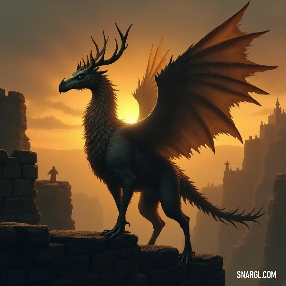 A Skyclaw perched on a cliff, bathed in the golden glow of the sunset, with a distant castle adding an air of grandeur to the scene. A Skyclaw stands on a rocky ledge, silhouetted by a vibrant sunset. Behind it, the outline of a grand castle creates an atmosphere of mystery and adventure, as the creature looks out over the horizon.