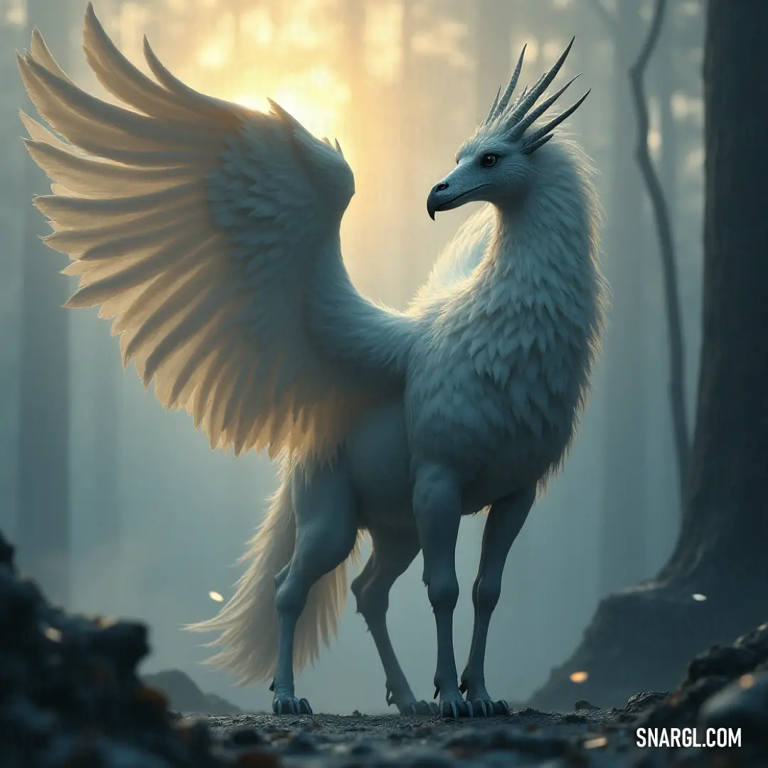 In a serene forest setting, a White Skyclaw with expansive wings holds its poised stance amides a backdrop of peaceful trees and rocky outcrops. Its graceful form harmonizes with the beauty of nature, showcasing a breathtaking blend of elegance and wild spirit within a pristine environment. In a serene forest setting, a White Skyclaw with expansive wings holds its poised stance amides a backdrop of peaceful trees and rocky outcrops. Its graceful form harmonizes with the beauty of nature, showcasing a breathtaking blend of elegance and wild s