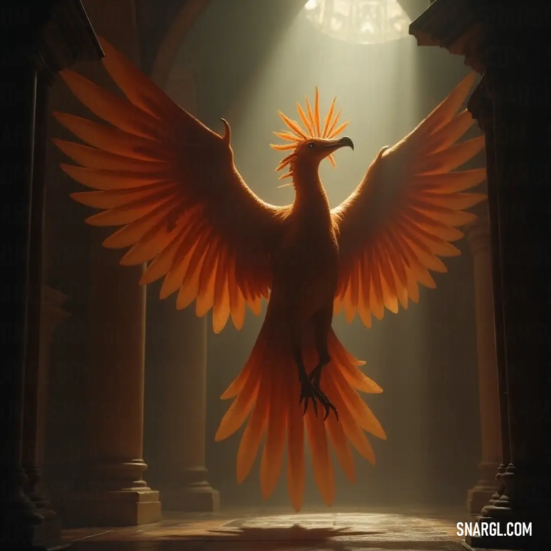 A magnificent Skycrusher with orange feathers gracing a mystical room filled with elegant columns and glowing lights. An ethereal Skycrusher with vibrant orange feathers stands majestically within a columned room, illuminated by enchanting lights, its fierce eyes portraying both grace and power, echoing the beauty of fantastical realms.