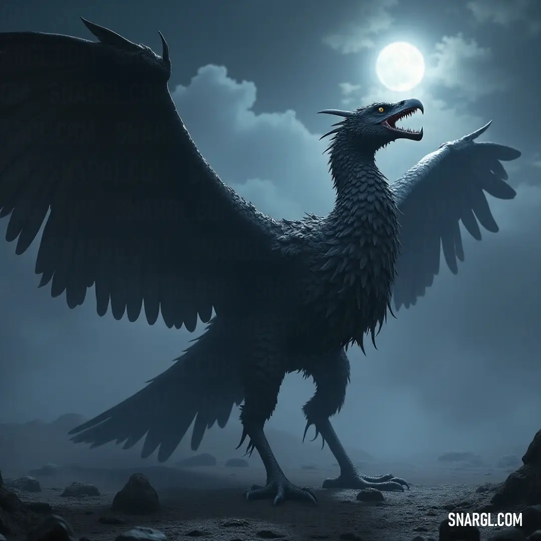 A Large Skycrusher spreads its wings against the full moon, gliding silently through the dark night sky. The massive Skycrusher spreads its wings in the night sky, with the full moon glowing behind it, casting an eerie light on its imposing figure. Its wings seem to carry the weight of the world as it moves through the night.