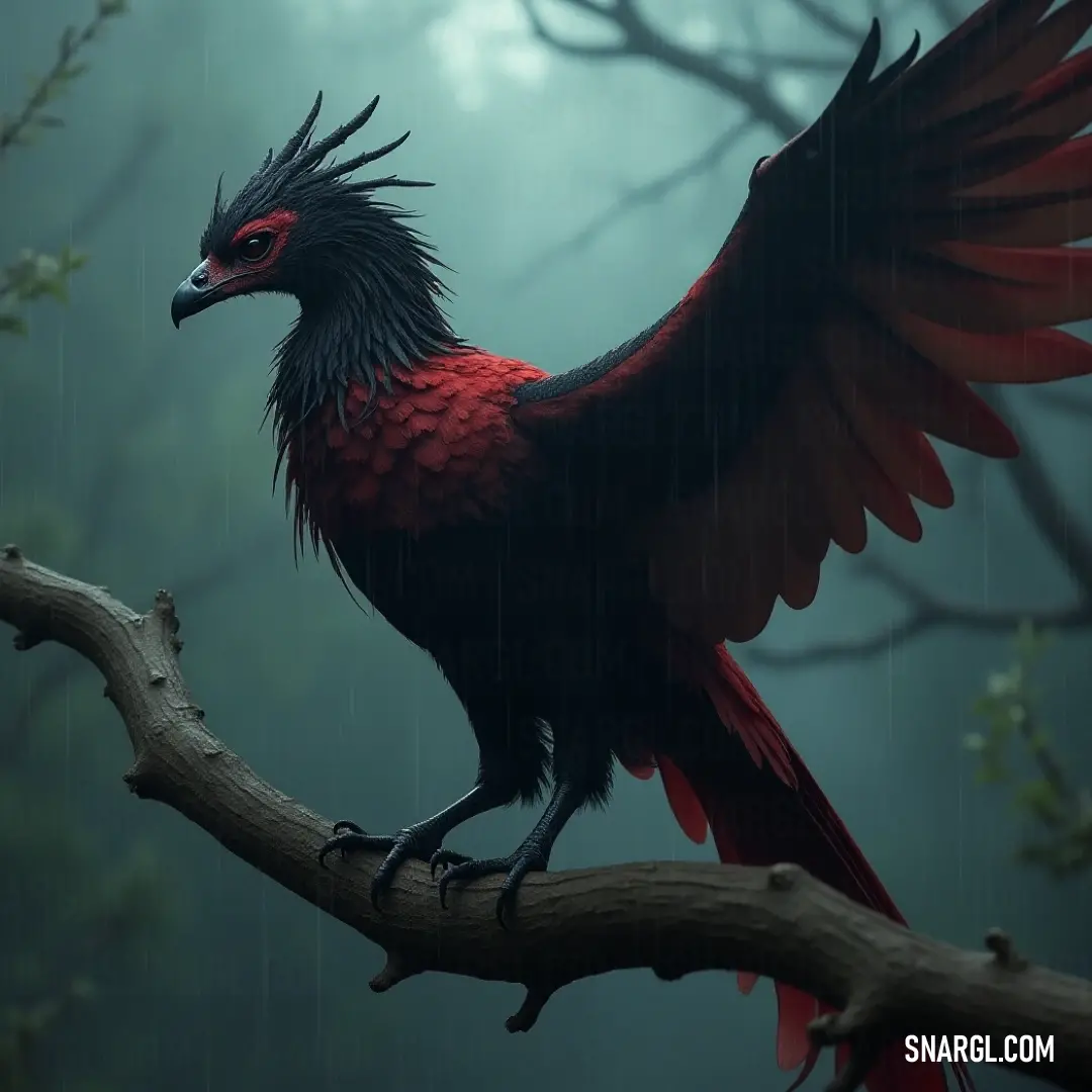A stunning Skydancer displaying radiant red feathers on a branch, wings wide open in a rain-kissed forest. A vibrant Skydancer adorned with striking red feathers perches delicately on a branch, its magnificent wings fully extended as raindrops cascade around it, creating a magical atmosphere in the lush green backdrop.