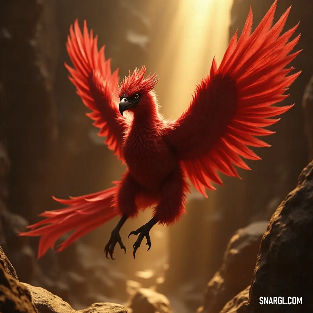An awe-inspiring Red Skydancer flying high, wings spread, against a backdrop of shimmering rocks and sunlight glimmering on water. A majestic Red Skydancer soars gracefully above rocky terrain and glistening waters, bathed in golden sunlight that streams through the clouds, highlighting its powerful wings as it navigates the breathtaking landscape below.