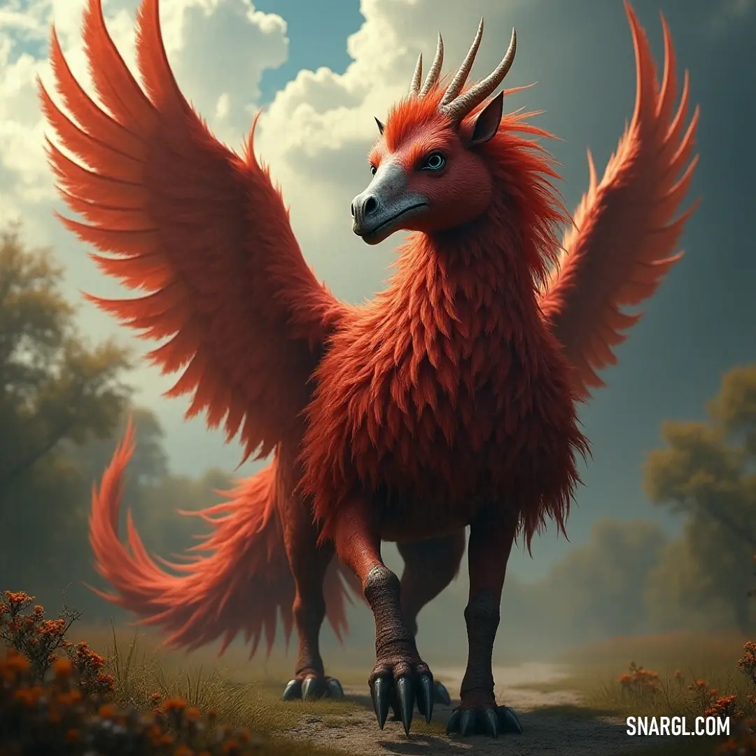 The enchanting Red Skydancer elegantly poses on a flower-strewn dirt road, its large wings poised against a picturesque backdrop of fluffy clouds and vivid flora. Amidst vibrant flowers along a dirt road, the stunning Red Skydancer stands elegantly, its large wings poised gracefully as clouds float in the background, showcasing the beauty of nature's tapestry.