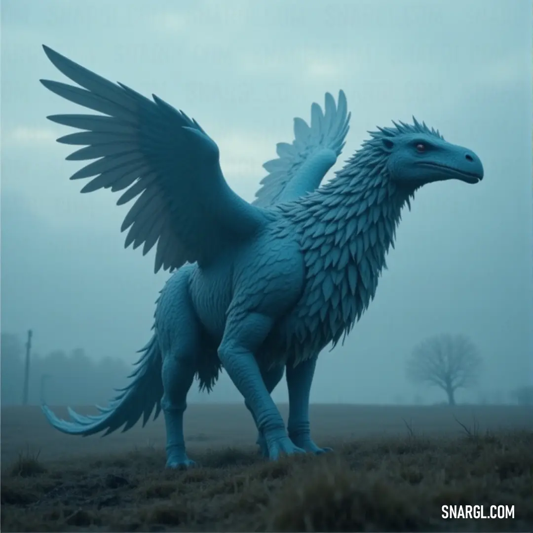 A Blue Skyfang statue standing in a serene field, with trees stretching across the horizon under a peaceful sky. A magnificent Blue Skyfang statue stands proudly in an open field, with lush green trees in the background. The peaceful scene is a perfect blend of nature and art.