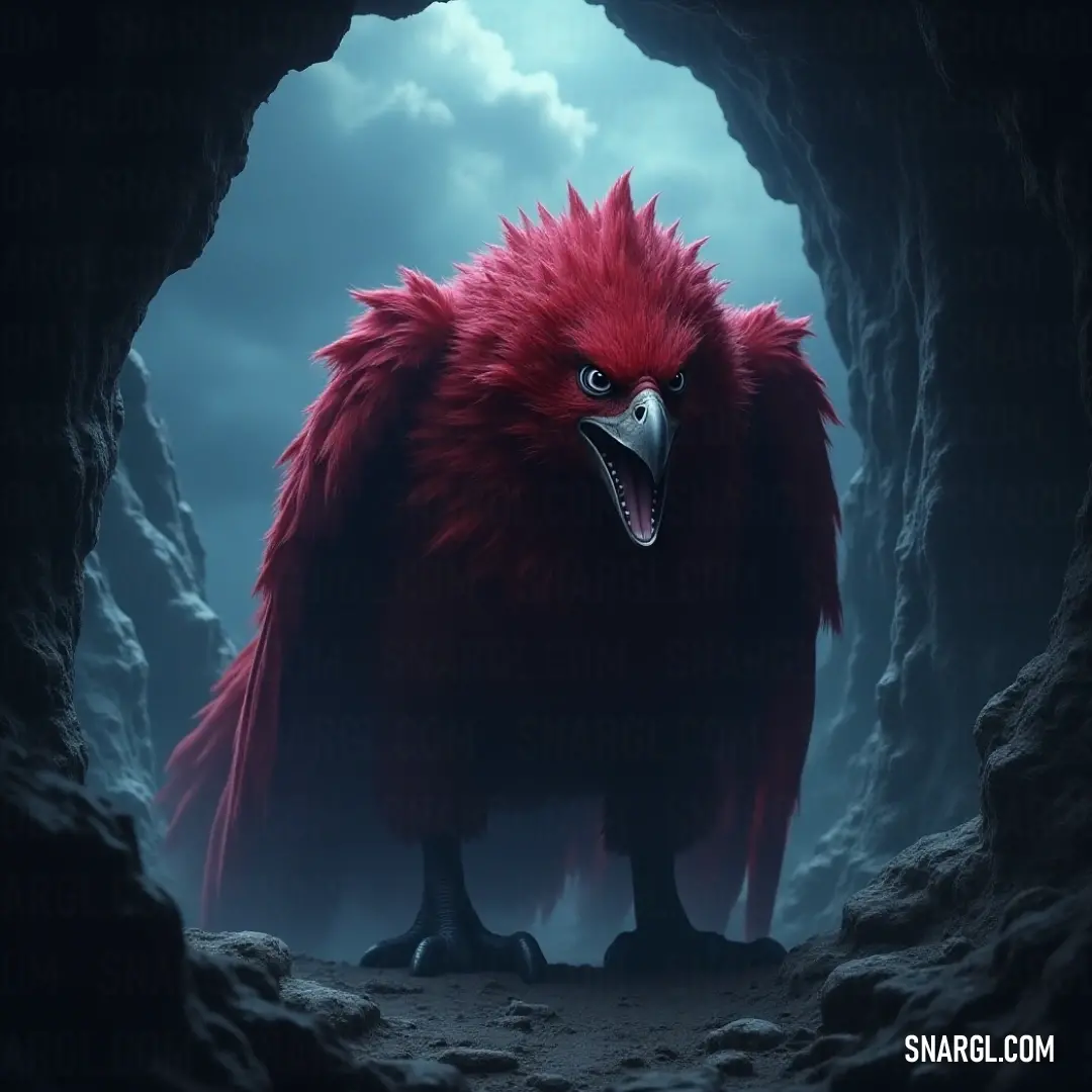 Striking Red Skyfire standing proudly in a moonlit cave, showcasing its captivating beauty in a mysterious environment. Deep within the cave, a striking Red Skyfire with an impressive beak stands tall against a backdrop of the moonlit cave, its vibrant colors mesmerizing against the dark surroundings, sparking curiosity and awe.
