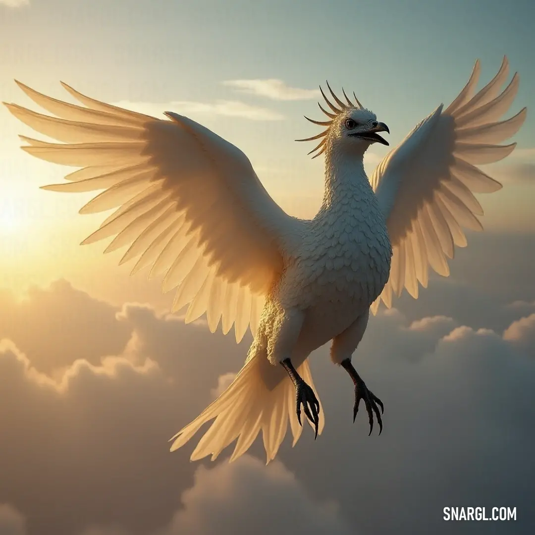 A white Skyfire with its wings stretched wide, soaring high above the clouds as the sun's rays break through the horizon, casting a golden glow across the sky.