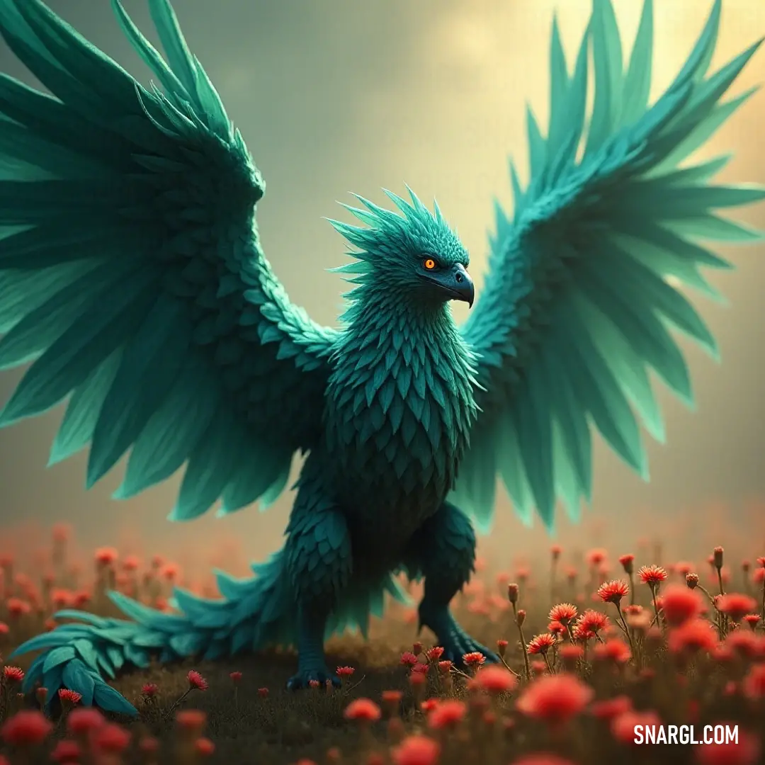 The stunning Blue Skyflame rests in a flourishing field, its magnificent wings unfurling amidst a vivid tapestry of blooming flowers, evoking a sense of wonder and peace in nature's embrace. In a vibrant field adorned with colorful flowers, the Blue Skyflame stands gloriously, its enormous wings extended gracefully, creating a breathtaking harmony with the blossoms swaying gently in the breeze, celebrating the bliss of nature at its most colo