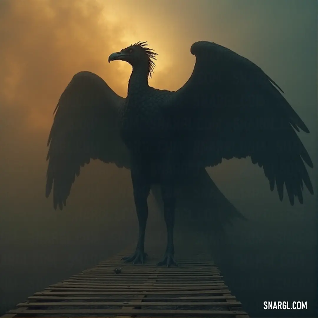 Skyflare stands on a platform, wings outstretched, as mist and fog swirl around him, illuminated by the soft glow of the setting sun behind. Skyflare stands tall on a wooden platform, his wings extended as he gazes into the misty horizon. The sun casts a warm, golden light behind him, creating an ethereal glow around his figure as he stands strong amidst the fog.
