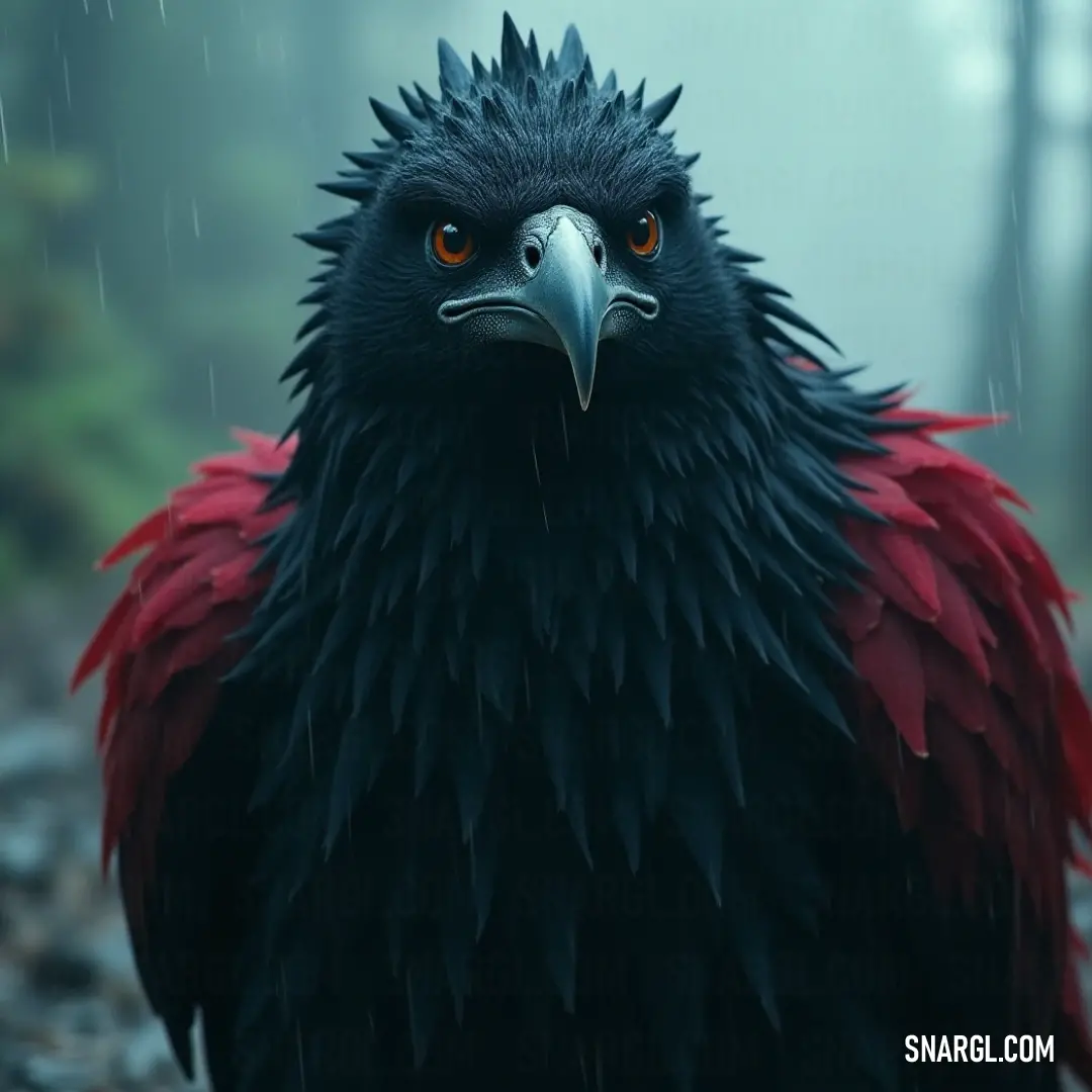 A striking Black Skyflare adorned with vibrant red feathers stands out prominently, its large beak showcasing intricate details and colors, embodying the beauty of nature's diversity against a soft background.