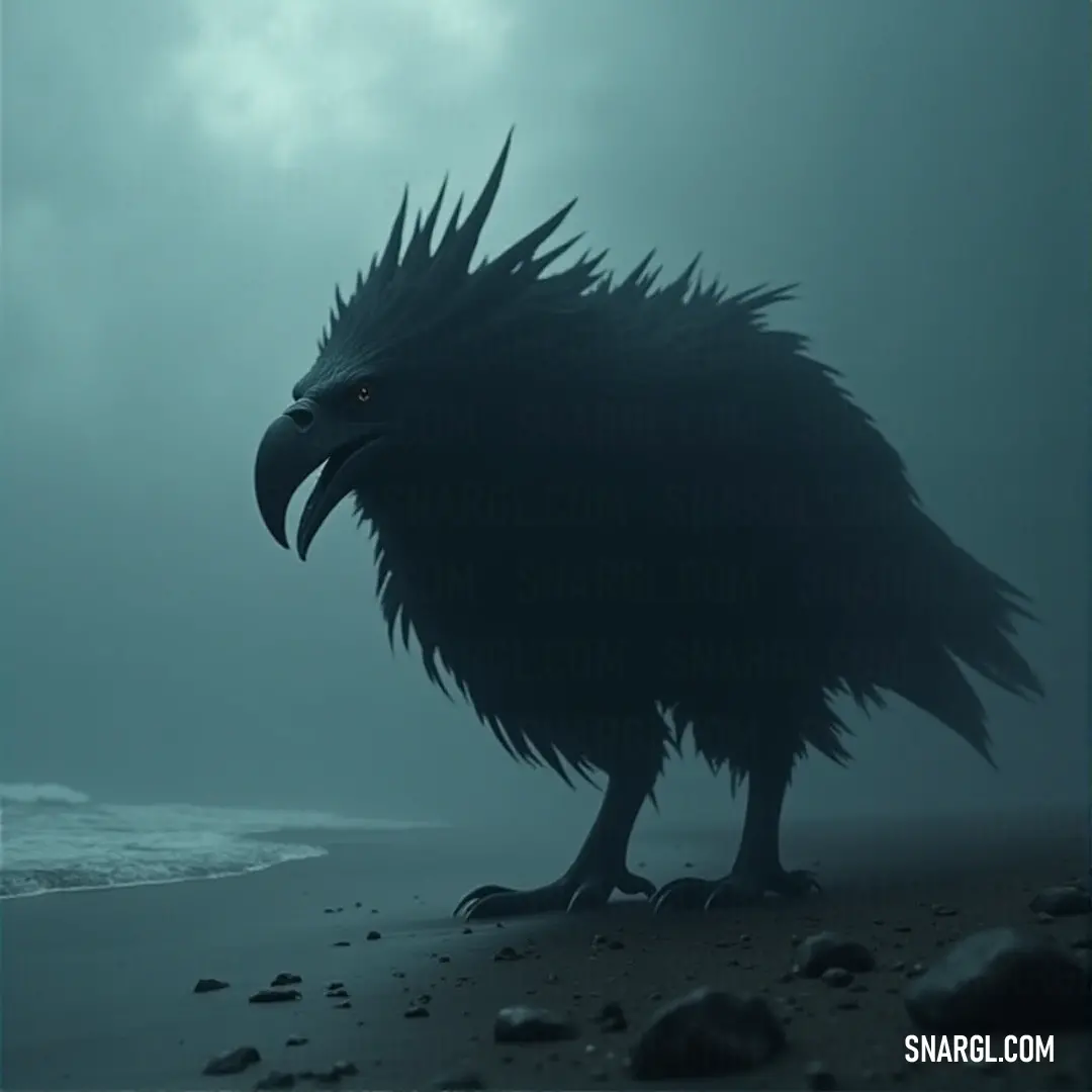 A Black Skyflare with spiked features, perched on the sandy beach as the waves gently roll by. Rocks dot the shore, while the sky holds a heavy, somber tone. A Black Skyflare, crowned with sharp spikes on its head, stands tall on a serene beach. The ocean waves crash softly, and scattered rocks line the shore beneath the cloudy sky.