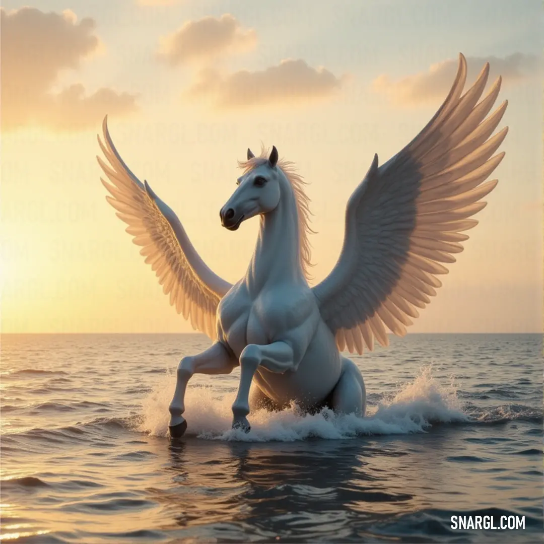 White Skyflare with wings standing in the water, with its legs poised at sunset or dawn, the brilliant hues of the sky reflecting on the water as it gazes into the peaceful horizon. White Skyflare with wings stands in the water at sunset or dawn, its legs spread wide as it gazes into the colorful horizon, with the warm glow of the sun setting or rising behind the waves.