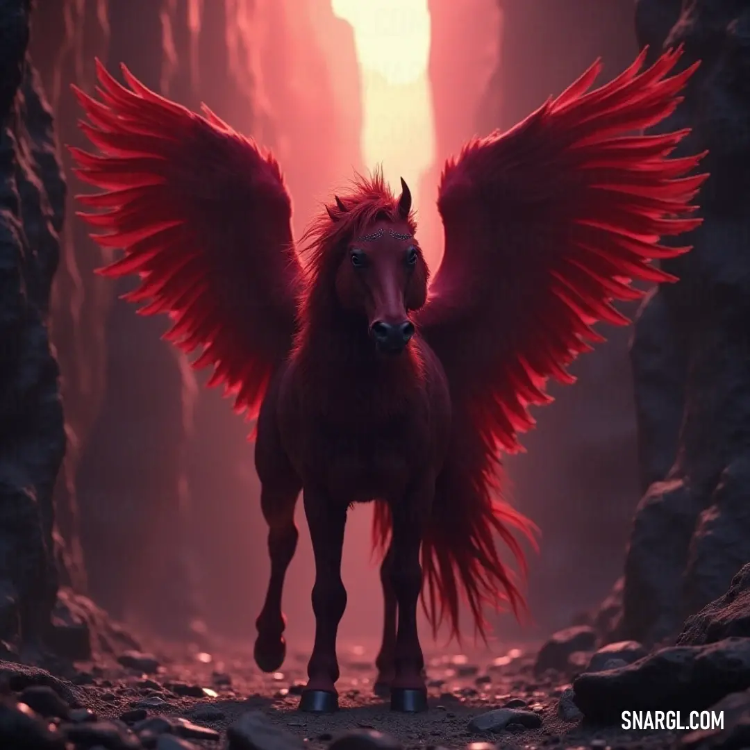 A beautiful Skyglider, adorned with radiant red wings, stands in a mystical cave, illuminated by a breathtaking sunset in the background, merging nature's wonders into a single divine moment.