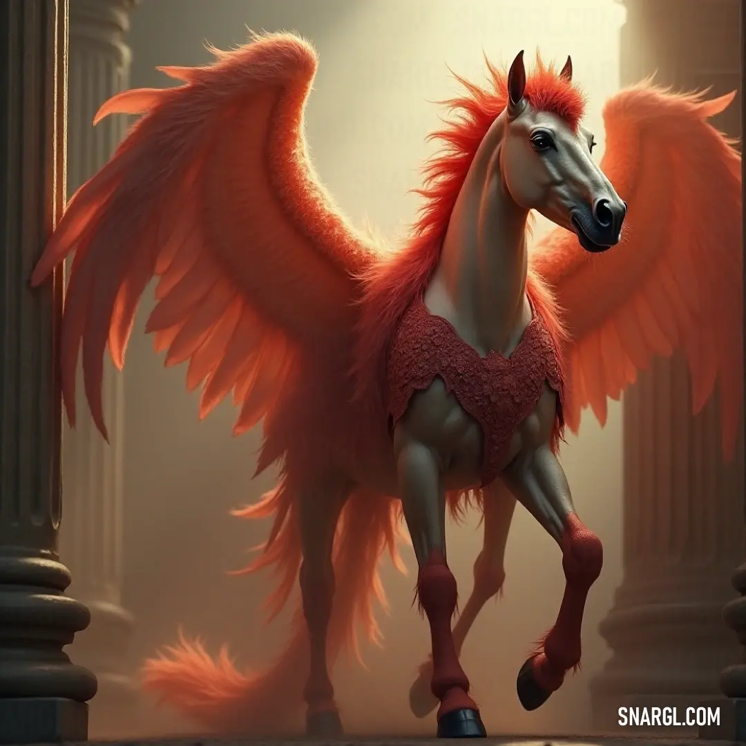 A striking Skyglider, adorned with a magnificent red mane, stands proudly with its majestic wings outstretched, a captivating sight that emphasizes its vibrant personality and regal presence.