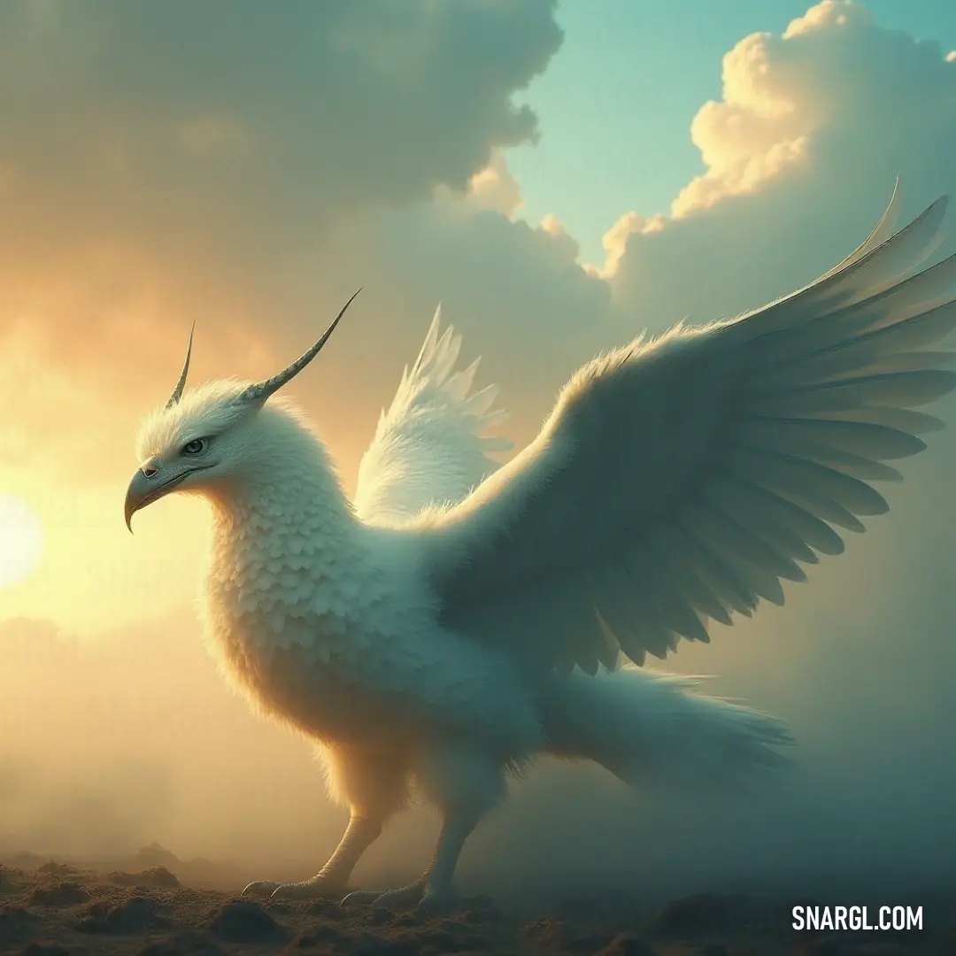 A majestic creature with white, horned features stands proudly on a beach at sunset, the vibrant hues of the setting sun painting a dramatic backdrop, evoking a sense of freedom and awe.