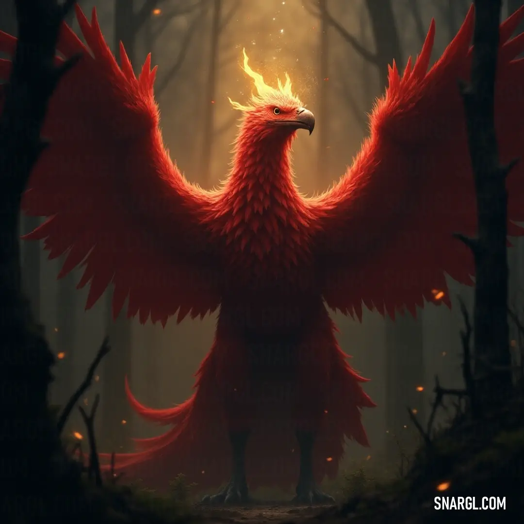 Be captivated by the stunning Red Skyroar, poised amidst the enchanted fog, its brilliant features echoing the secrets of the forest as it surveys the serene landscape around it. A vibrant Red Skyroar stands majestically within a foggy forest, its striking yellow beak sharp against the ethereal mist, harmonizing perfectly with the surrounding whispering trees.