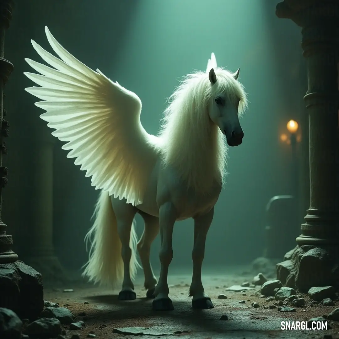 Ethereal White Skyrunner Bathed in Light A mystical white Skyrunner with radiant wings gracefully stands in a dimly lit chamber, illuminated by a soft beam of light that casts a serene glow upon its ethereal form, creating an enchanting contrast against the shadows surrounding it.