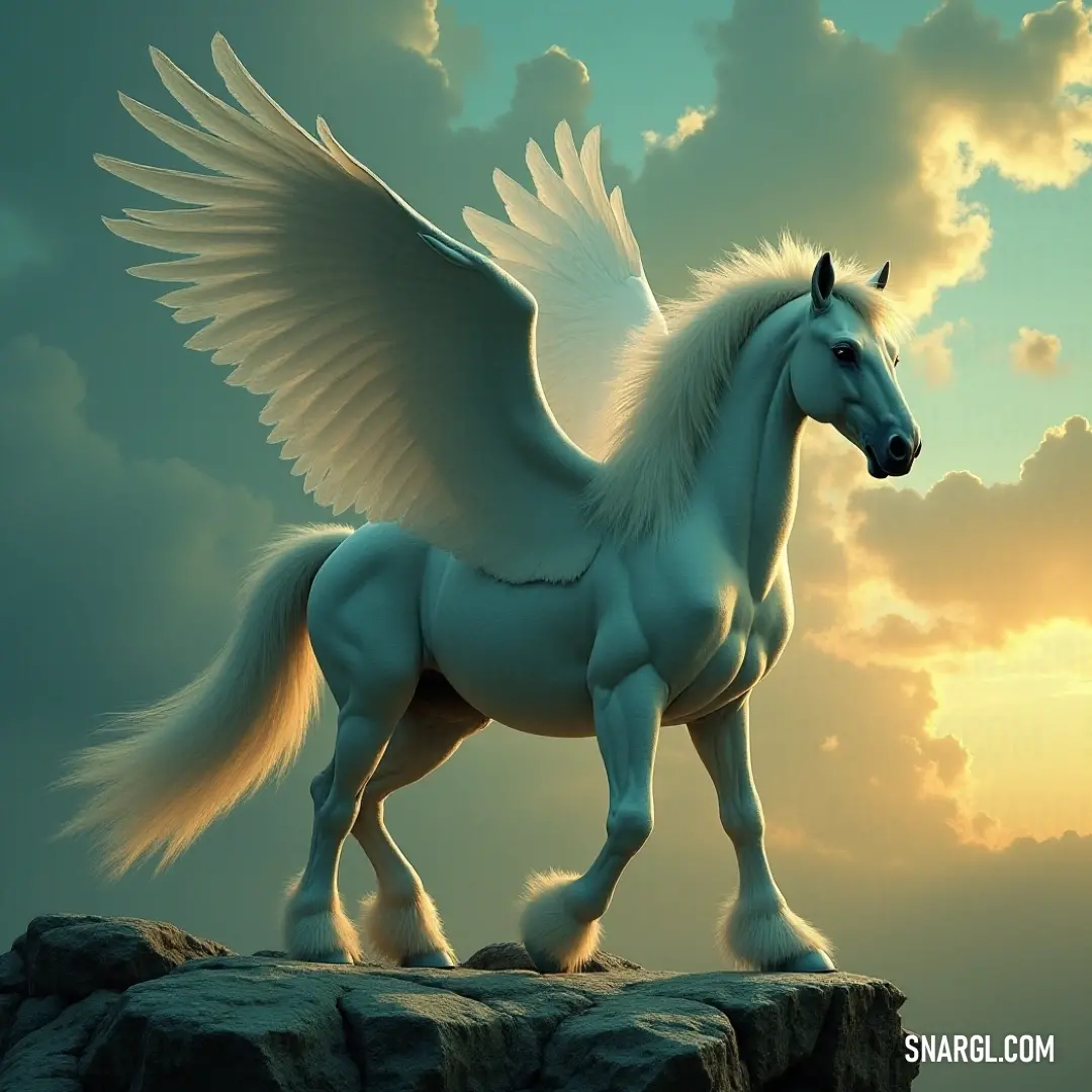 A stunning White Skyrunner, with magnificent wings, perches on a majestic rock high above the clouds, embodying the spirit of freedom and elegance in the celestial sky.